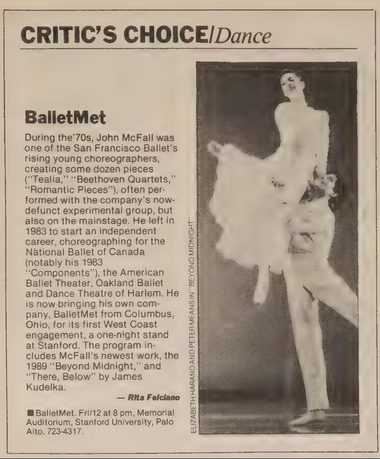 Rita Felciano, Critic's Choice, SF Bay Guardian, 1990