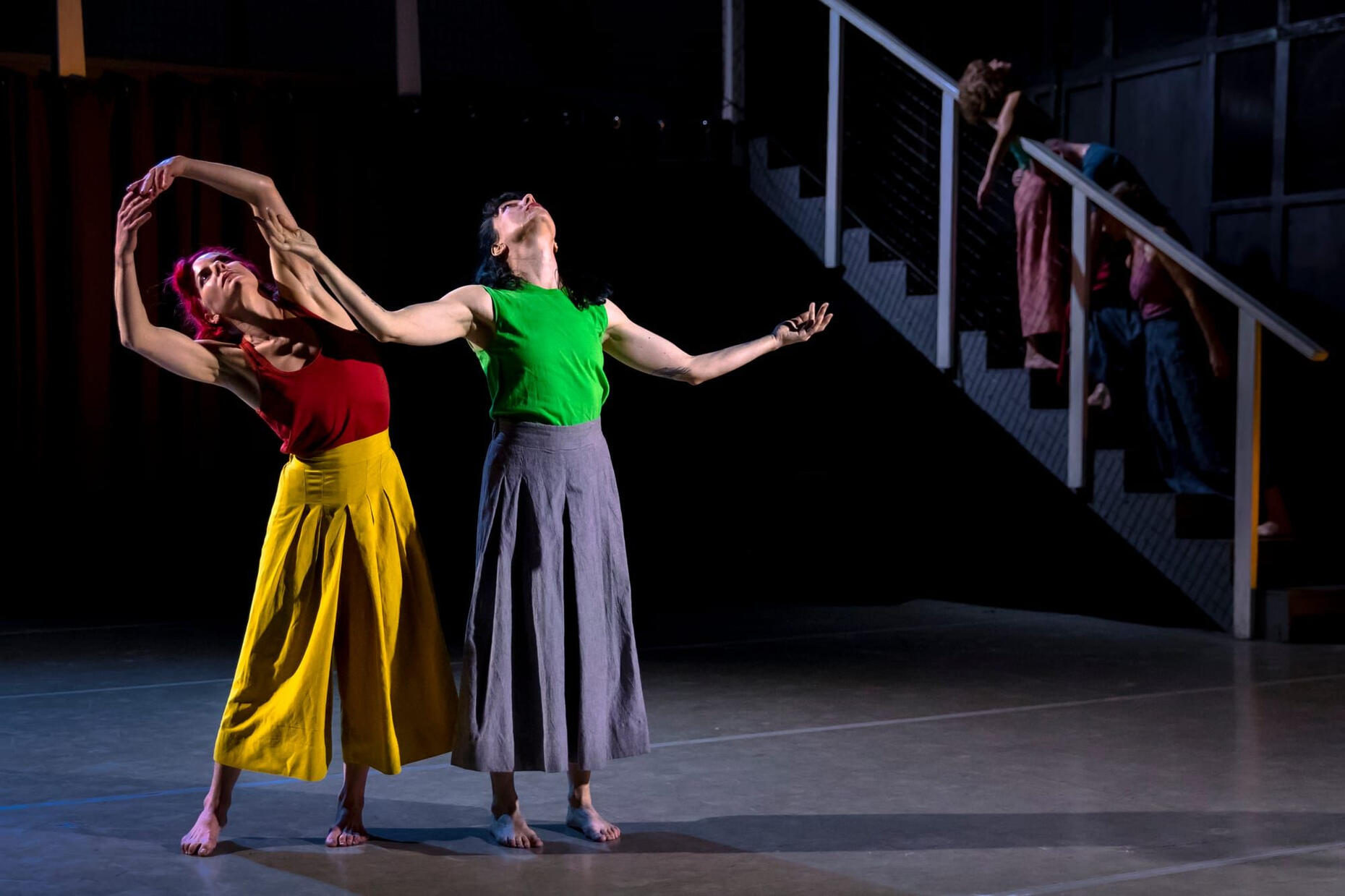 Performers: Sonsherée Giles and Chris Black (in the foreground) in 'piano piano' (on stairs: Amy Lewis, Nol Simonse, and Katie Kruger). Photo: John Hefti.